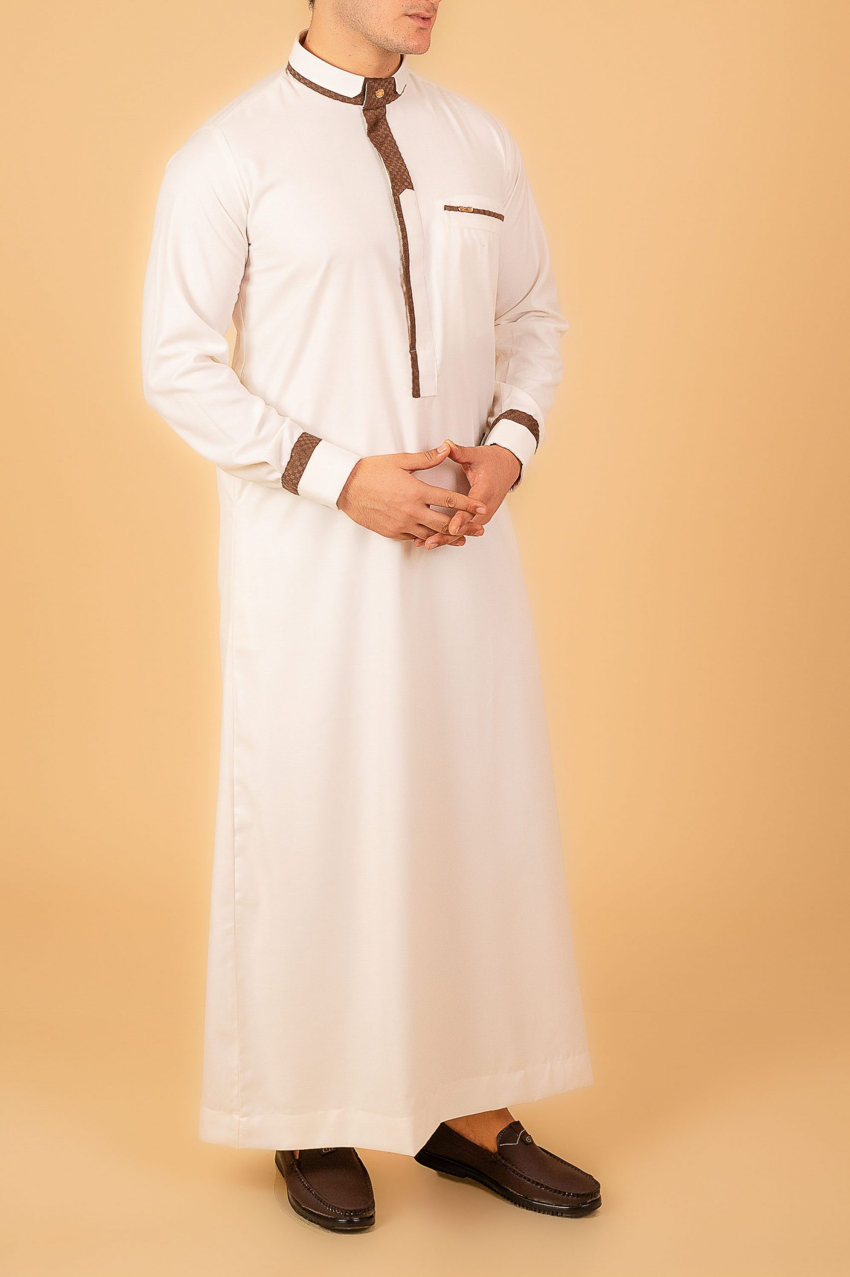 Men’s White Designer Thobe with Brown Contrast Piping – Premium Saudi Collar Kandura - Image 9 - Ruby Online