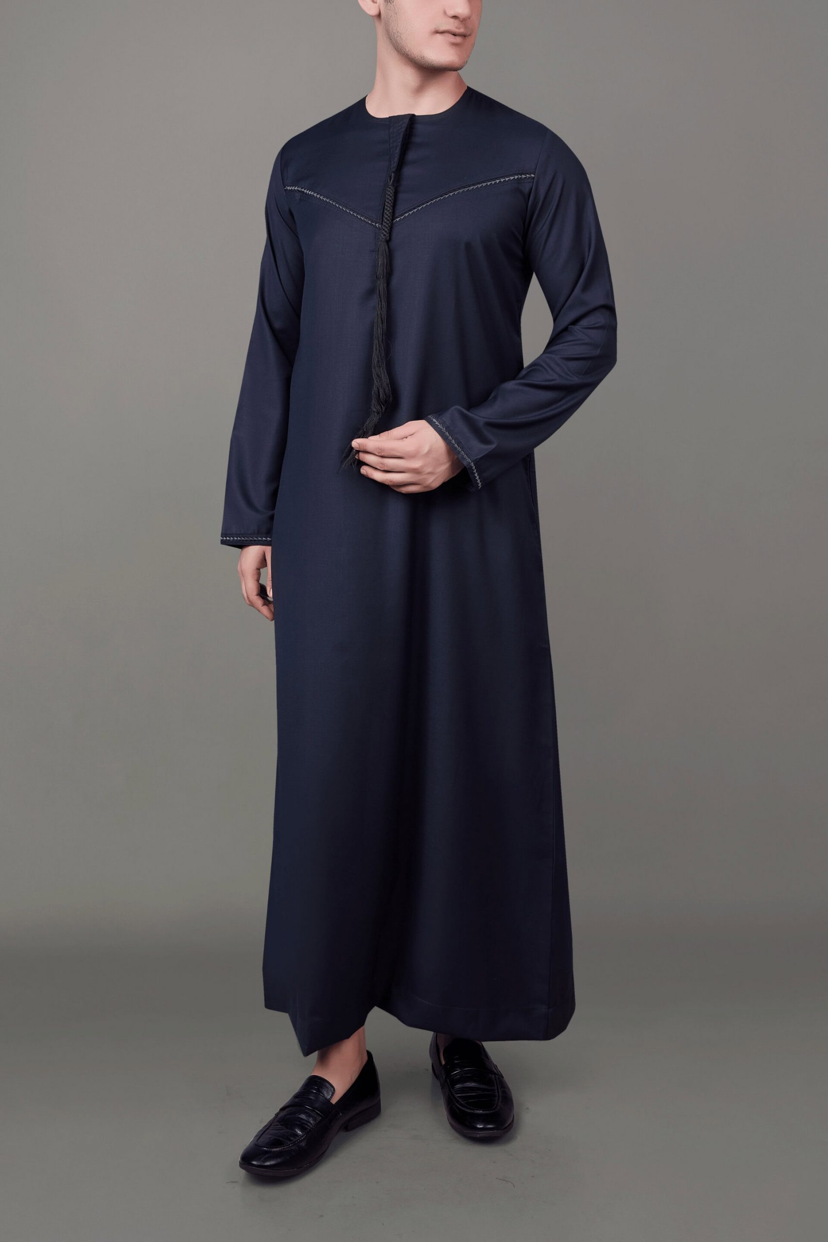 Premium Deep Dark Grey Emirati Tassel Thobe with Black Contrast Embroidery - Image 6 - Ruby Online