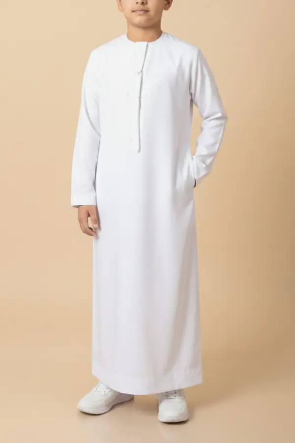 Premium Pure White Emirati Kids Thobe with Elegant V-Stitch & Tassel - Image 2 - Ruby Online
