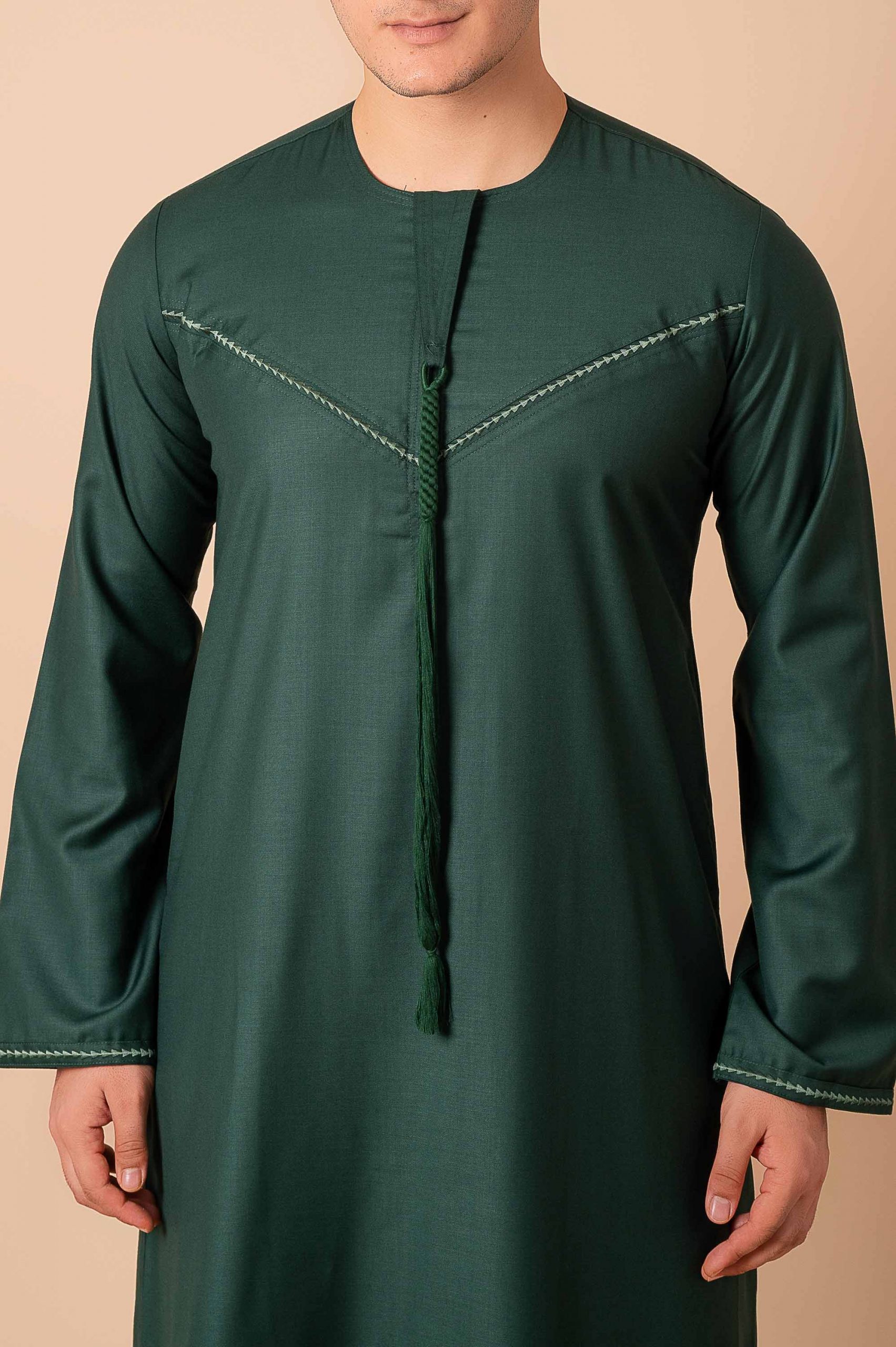Premium Deep Emerald Green Emirati Tassel Thobe for Men – Light Sage Braided Front Kandura - Image 10 - Ruby Online