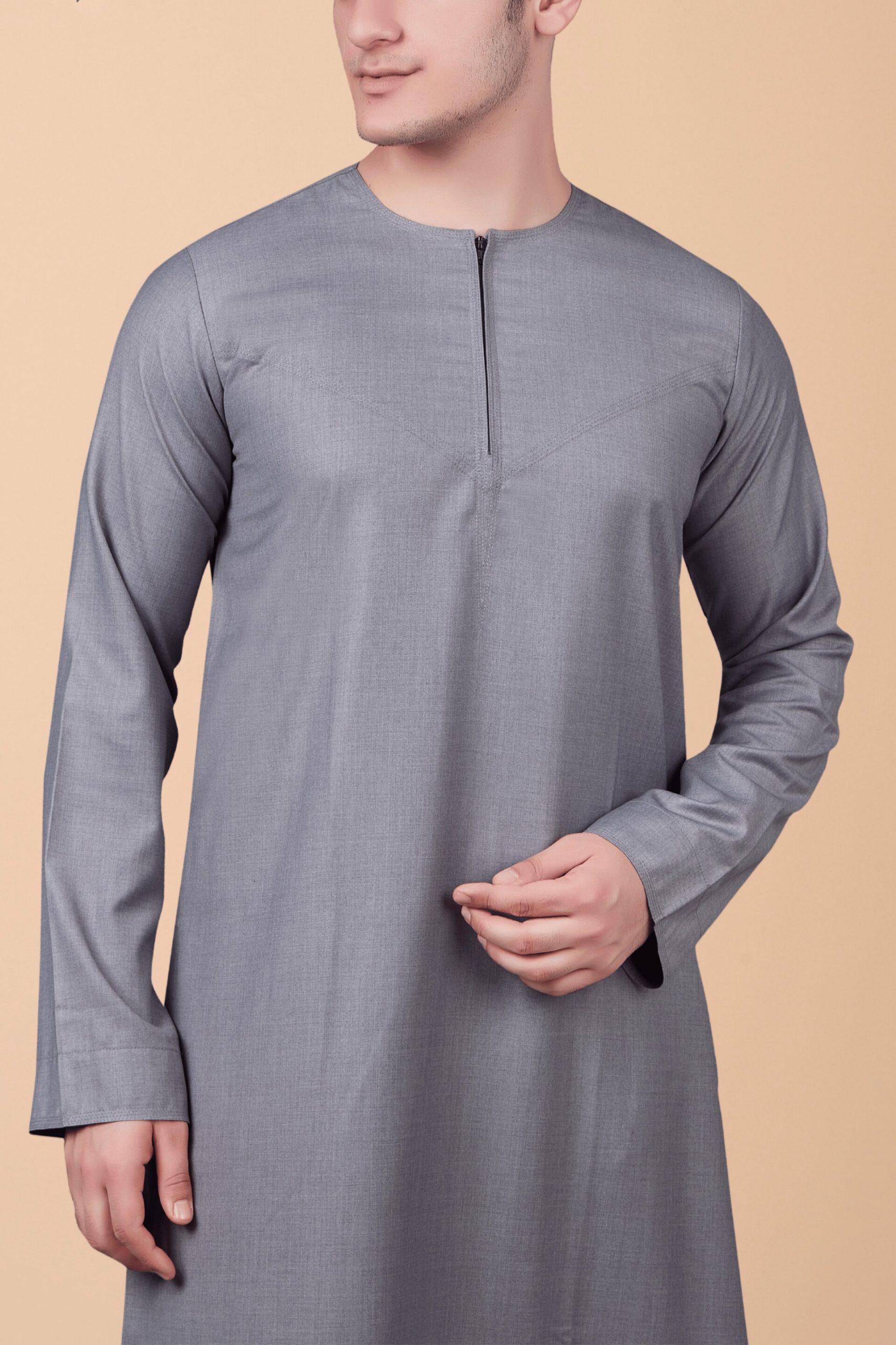 Modern Light Grey Zip-Neck Thobe for Men – Minimal Classic Design - Image 8 - Ruby Online