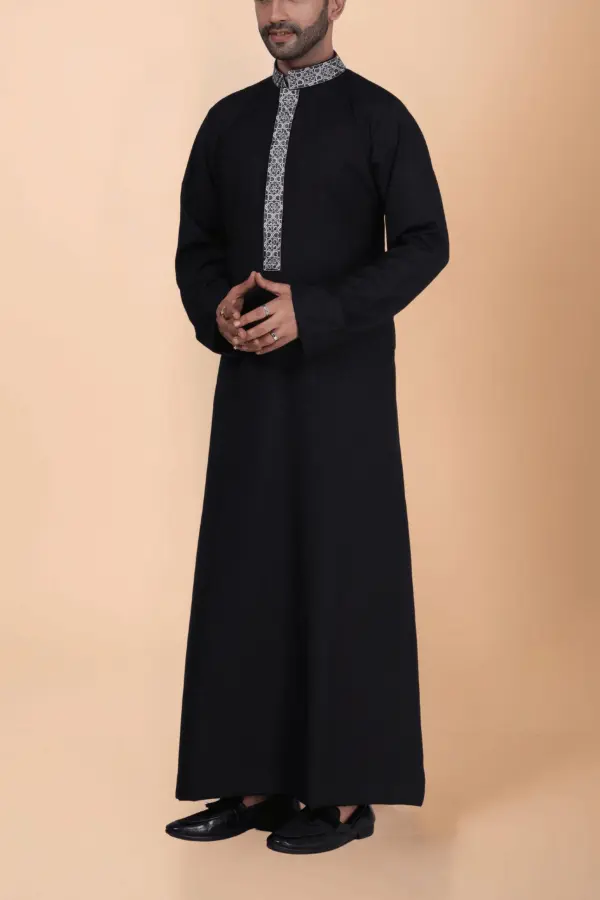 Black Thobe with Grey Geometric Embroidery Strip & Band Collar - Image 4 - Ruby Online