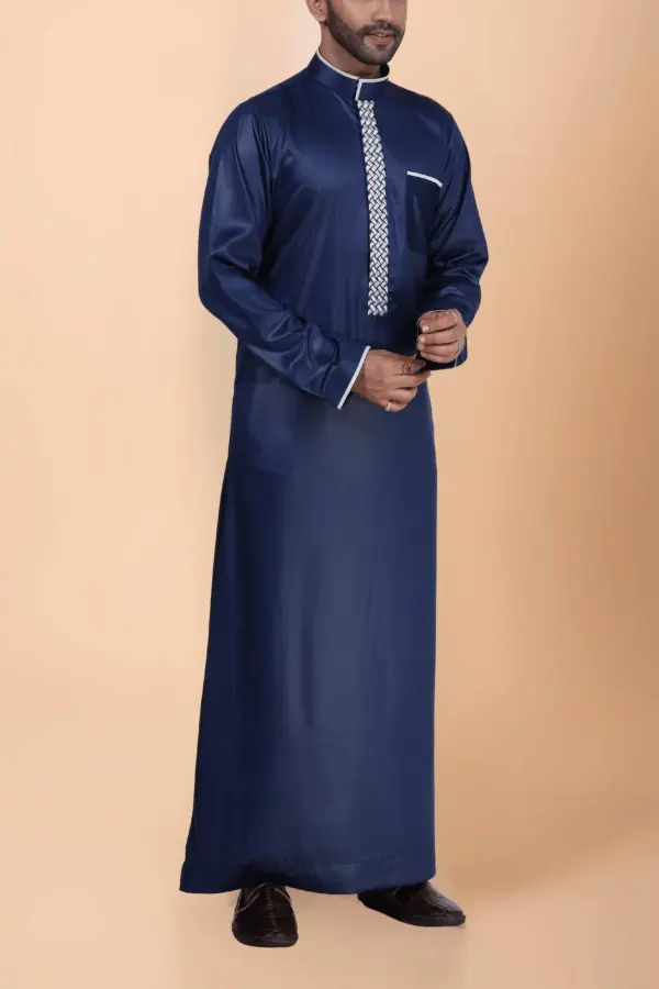 Navy Blue Thobe with White Geometric Embroidery Strip & Band Collar - Image 4 - Ruby Online