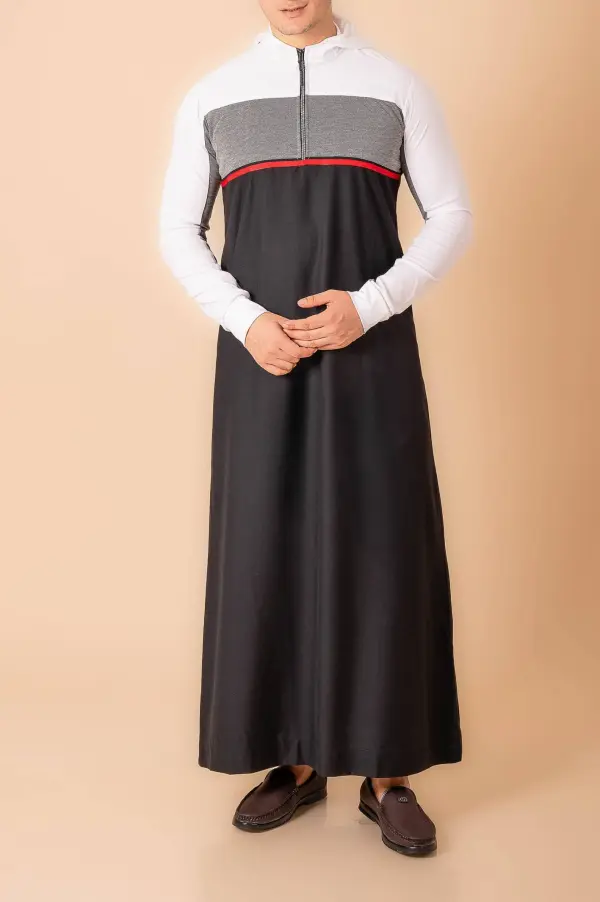 Men’s Black Hooded Thobe with White Sleeves & Red Stripe Panel