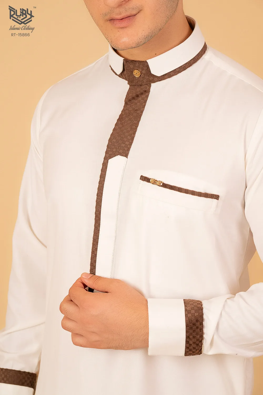 Men’s White Designer Thobe with Brown Contrast Piping – Premium Saudi Collar Kandura - Image 4 - Ruby Online