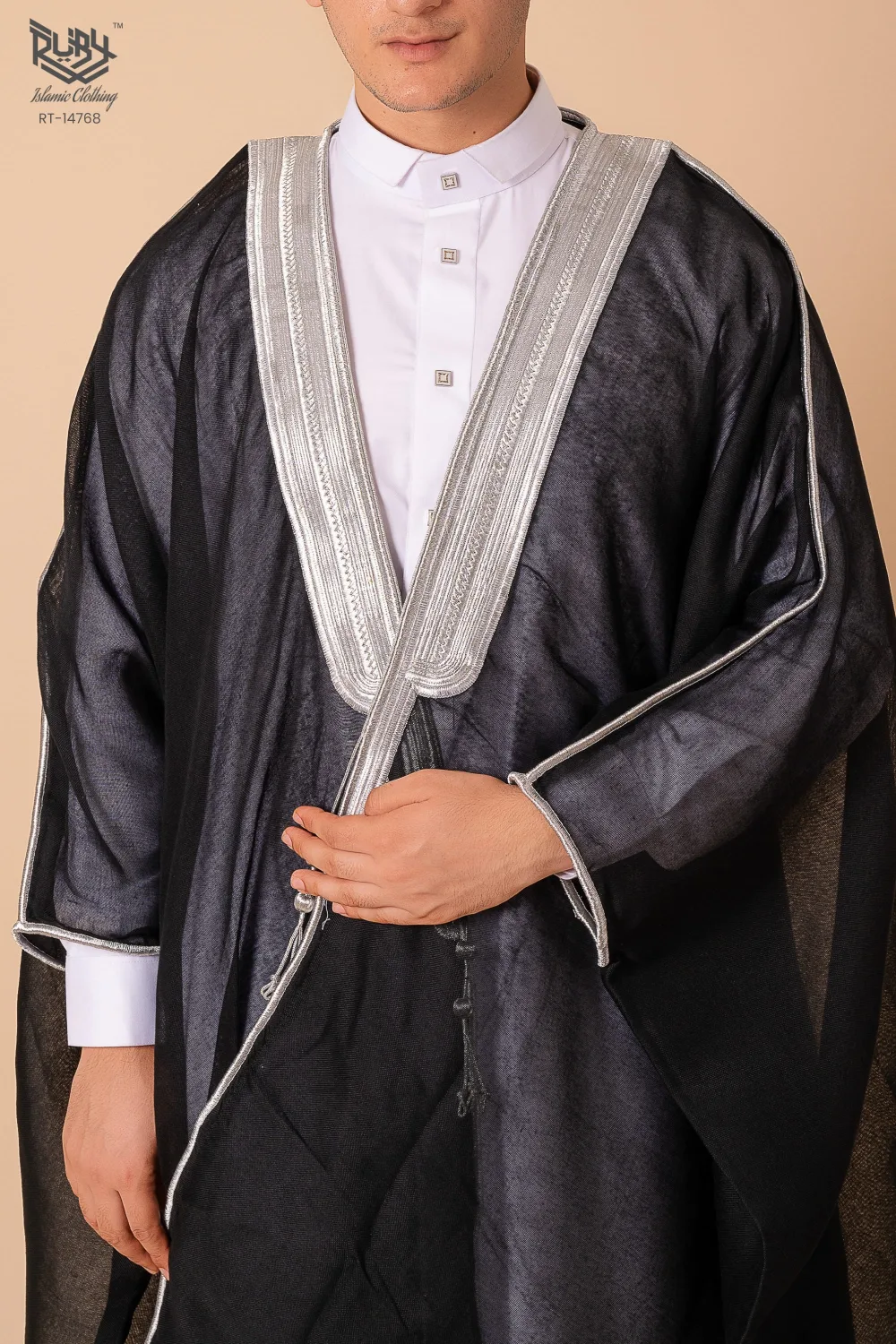 Royal Prestige Black Arabic Bisht for Men with Intricate Silver Zari Border – Premium Lightweight Open-Front Luxury Cloak