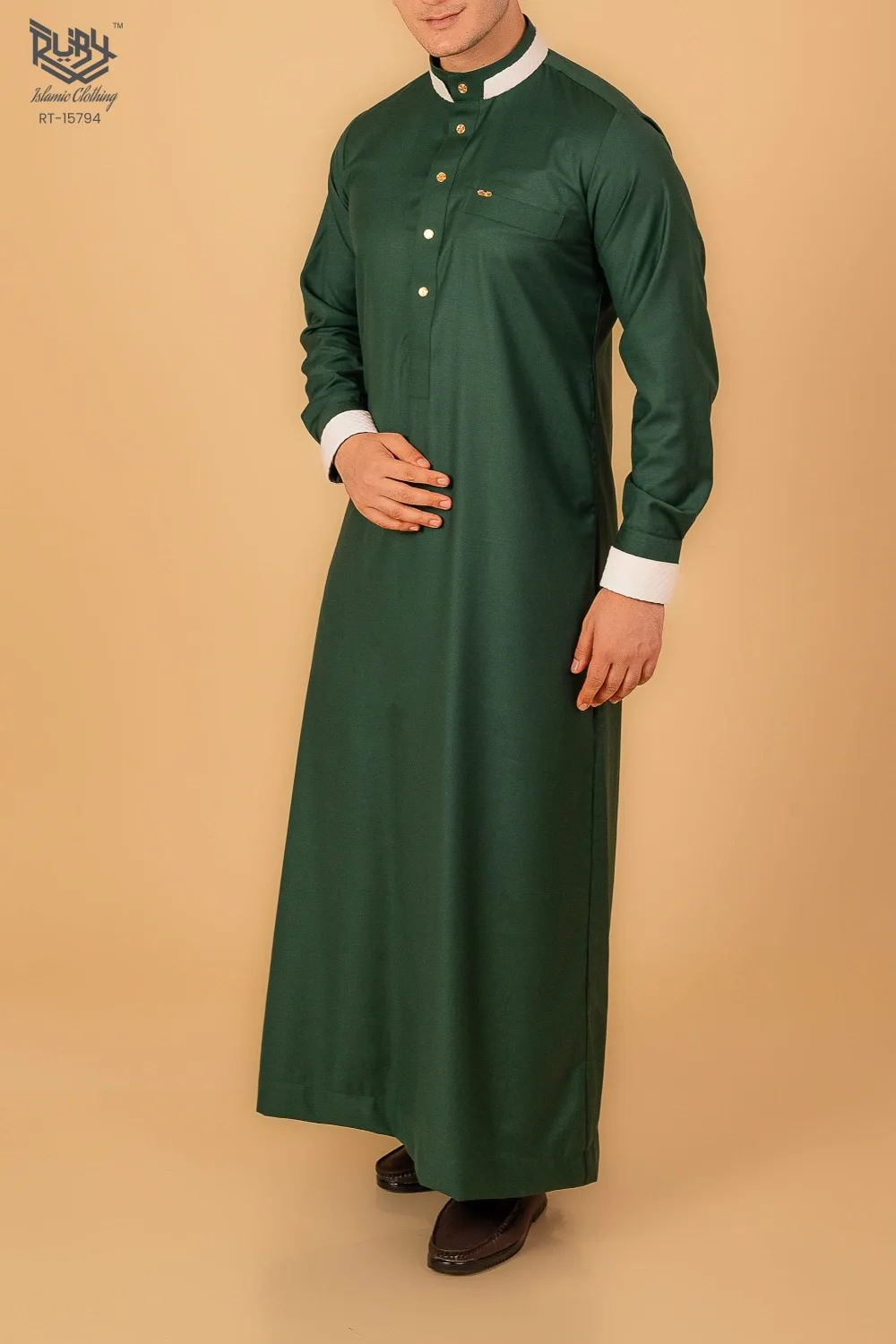 Premium Emerald Green Designer Thobe for Men with White Contrast Collar & Gold Button Detailing - Image 2 - Ruby Online