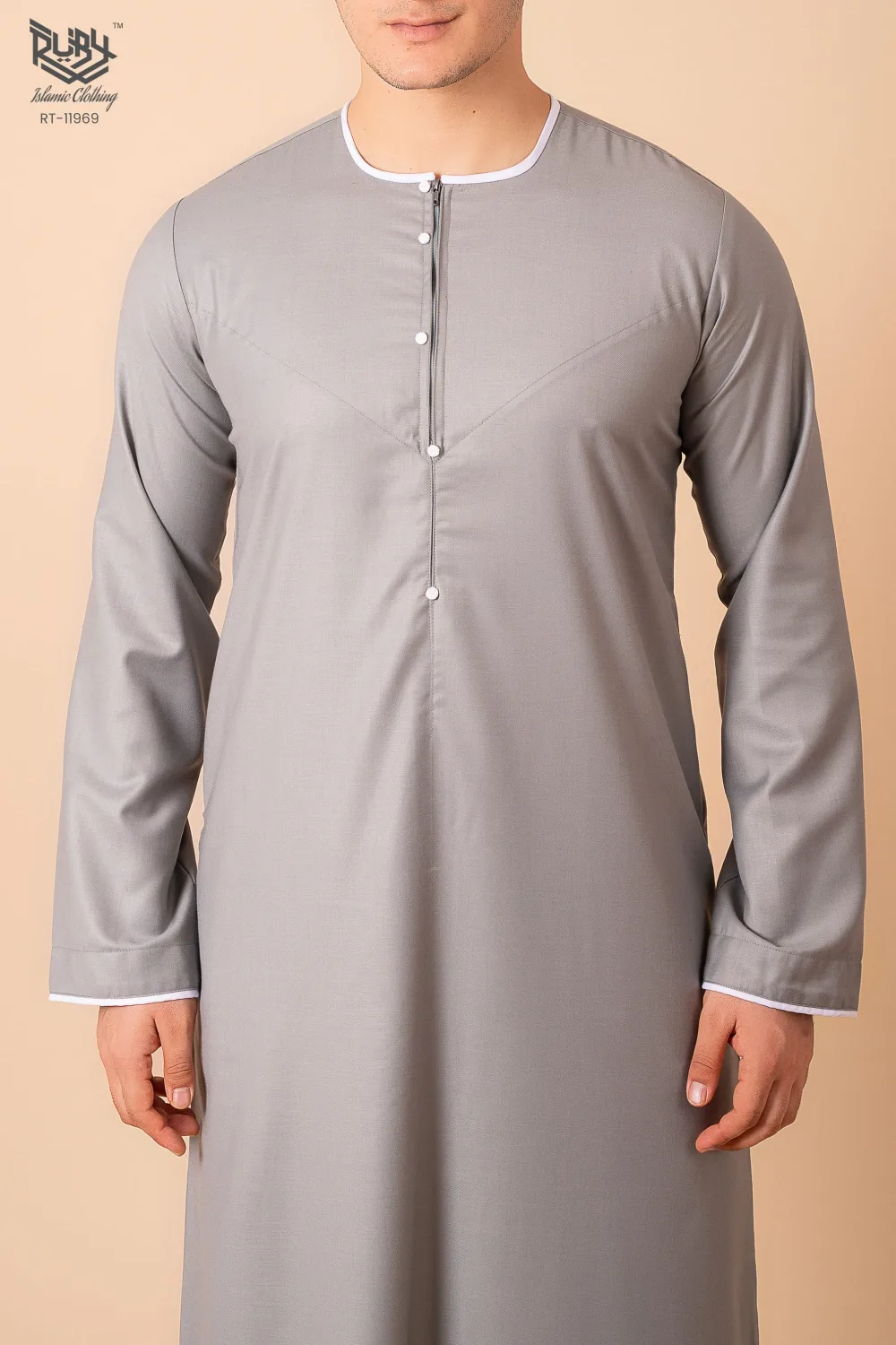 Premium Light Grey Emirati-Style Thobe with White Contrast Piping & Minimal Panel Design - Image 4 - Ruby Online