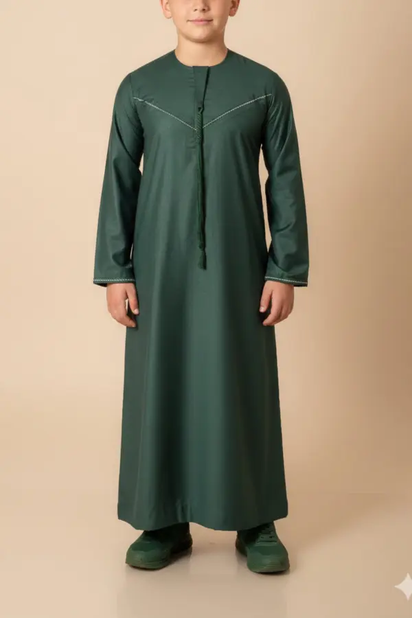 Premium Forest Green Emirati Kids Thobe with V-Stitch Detailing & Tassel - Image 2 - Ruby Online