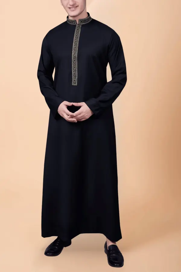 Jet Black Men’s Thobe with Gold Geometric Embroidery Strip - Image 2 - Ruby Online