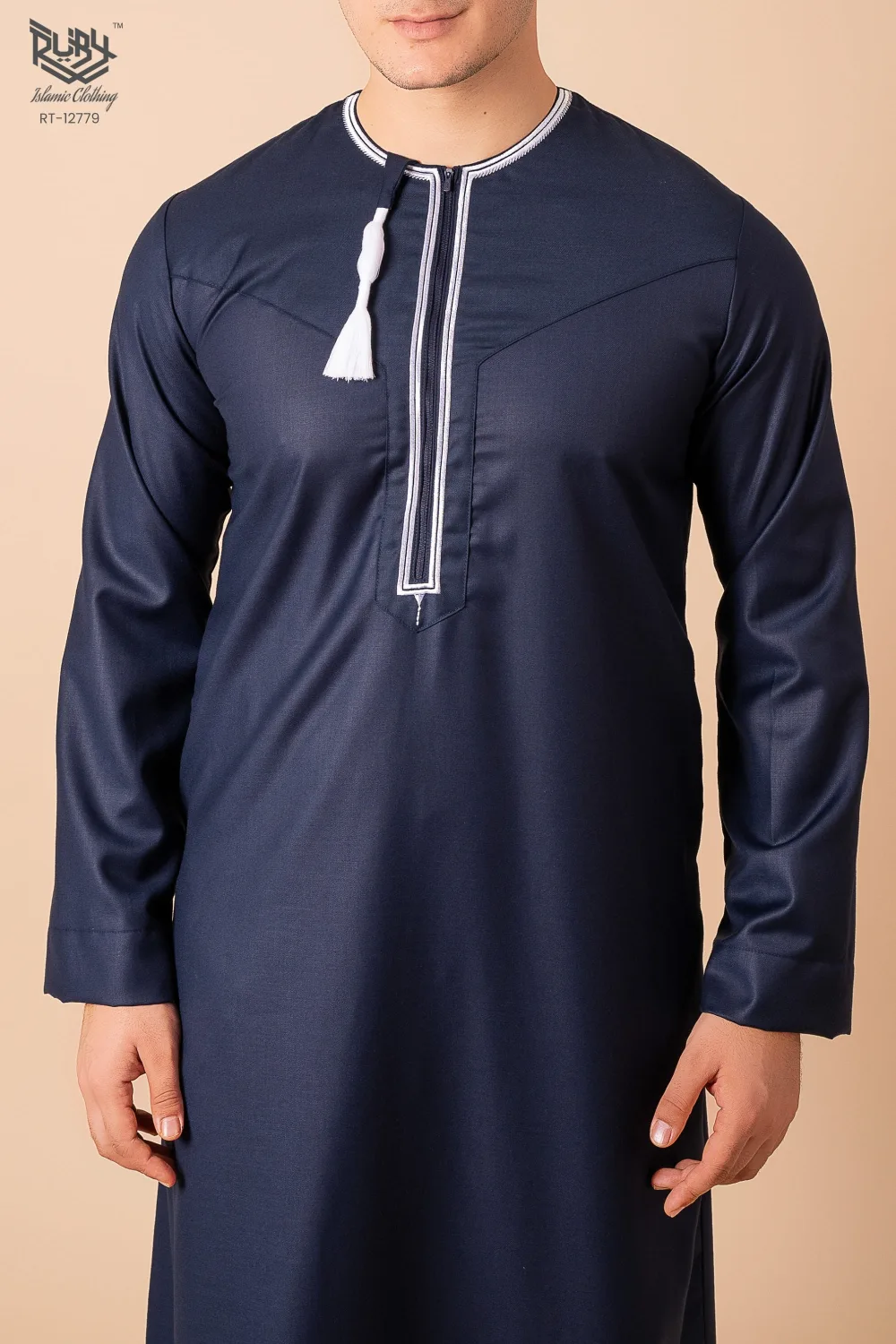 Navy Blue Omani Thobe with White Embroidered Placket & Tassel - Image 4 - Ruby Online