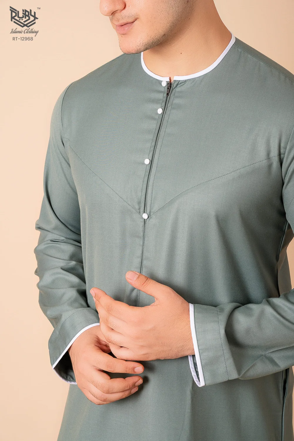 Premium Sage Green Emirati Thobe for Men with White Contrast Piping & Modern Panel Cut - Image 5 - Ruby Online