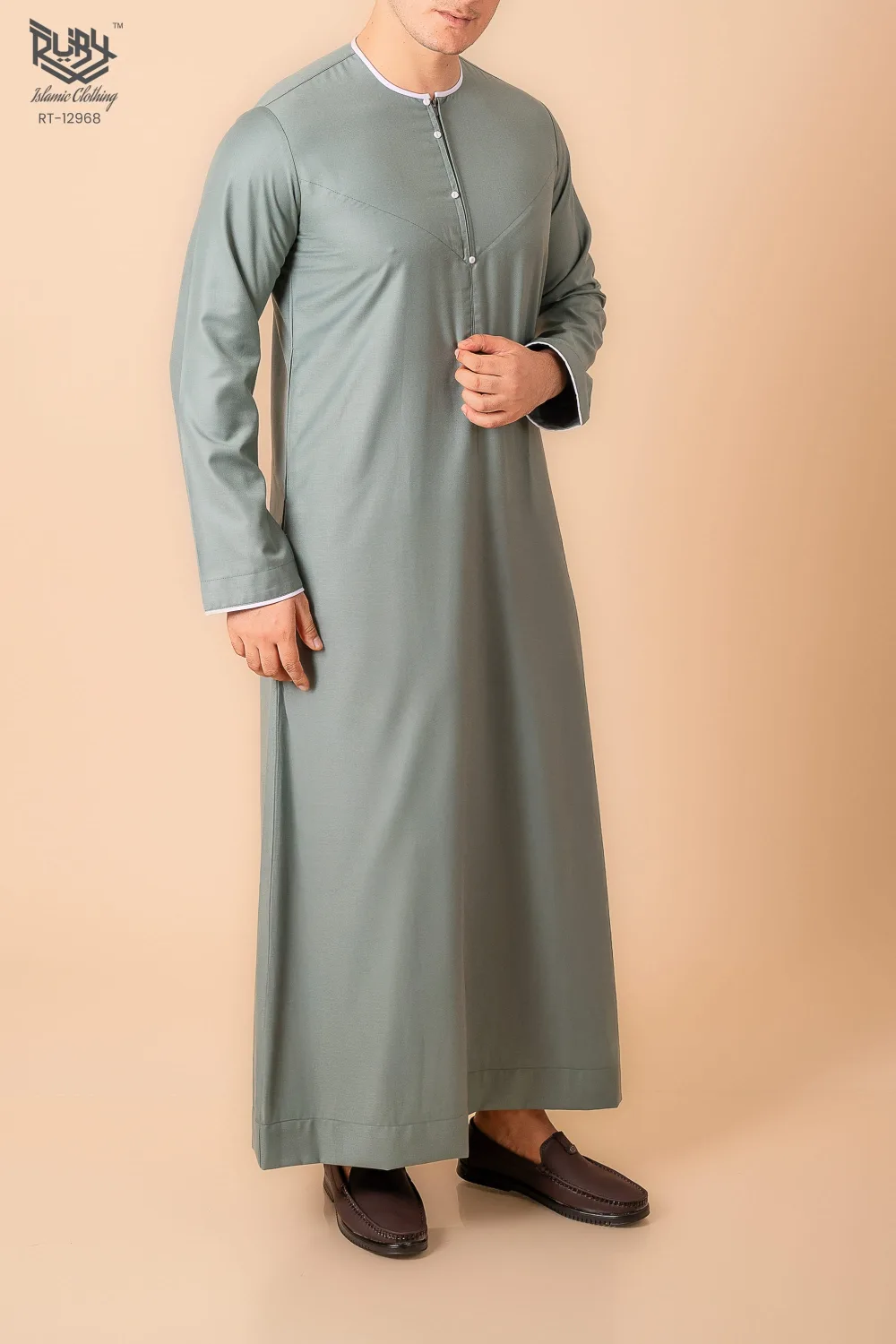 Premium Sage Green Emirati Thobe for Men with White Contrast Piping & Modern Panel Cut - Image 3 - Ruby Online