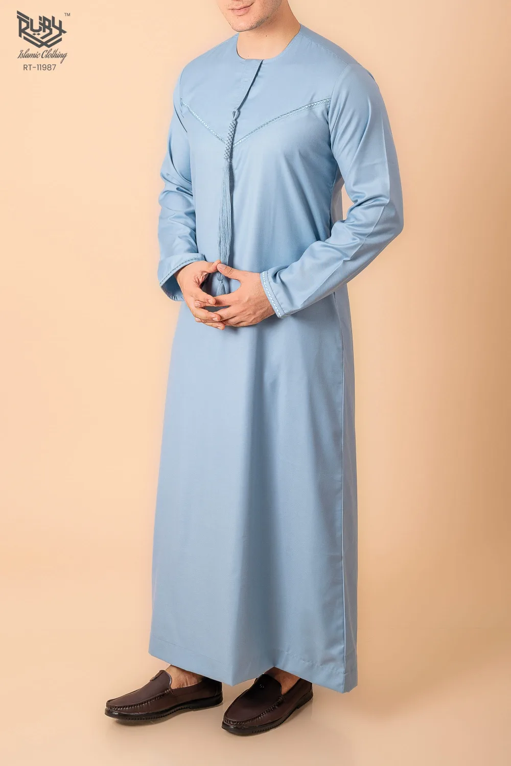 Premium Light Blue Emirati Tassel Thobe for Men – Elegant Braided Front Kandura Style - Image 3 - Ruby Online