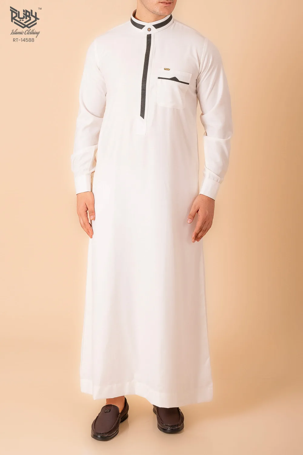 Luxury White Designer Thobe with Black Contrast Trim & Gold Detail