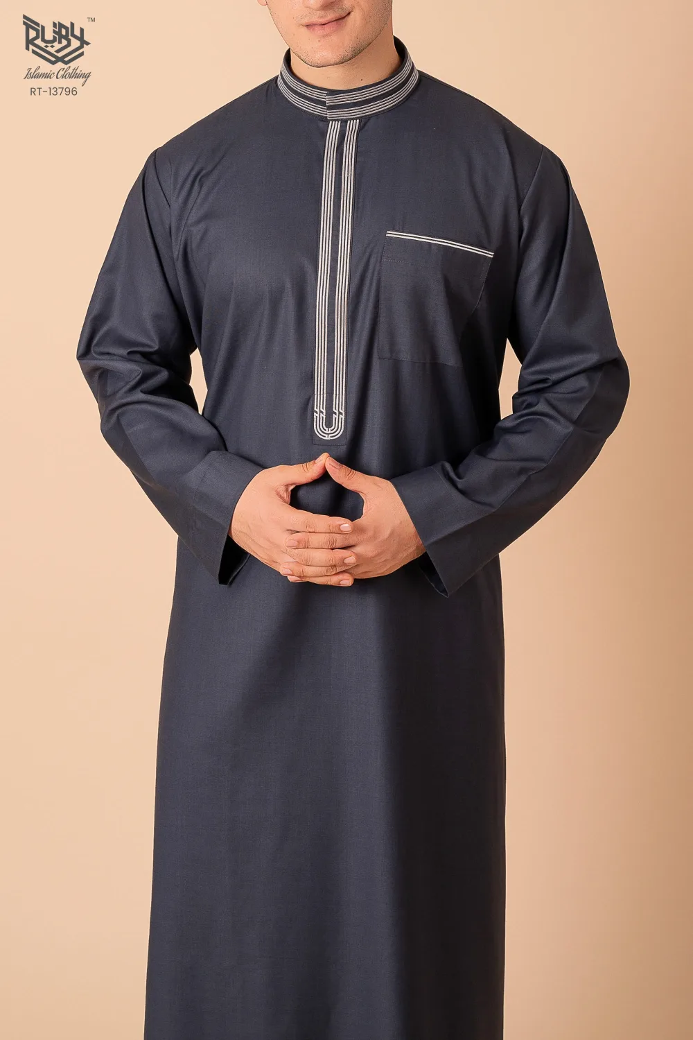 Premium Deep Charcoal Grey Emirati Designer Thobe with Striped Embroidered Placket - Image 2 - Ruby Online