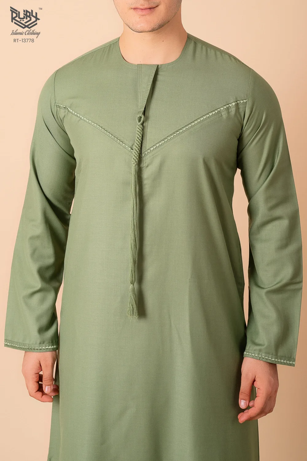 Premium Sage Green Emirati Tassel Thobe for Men – Light Grey Braided Front Kandura Design - Image 4 - Ruby Online