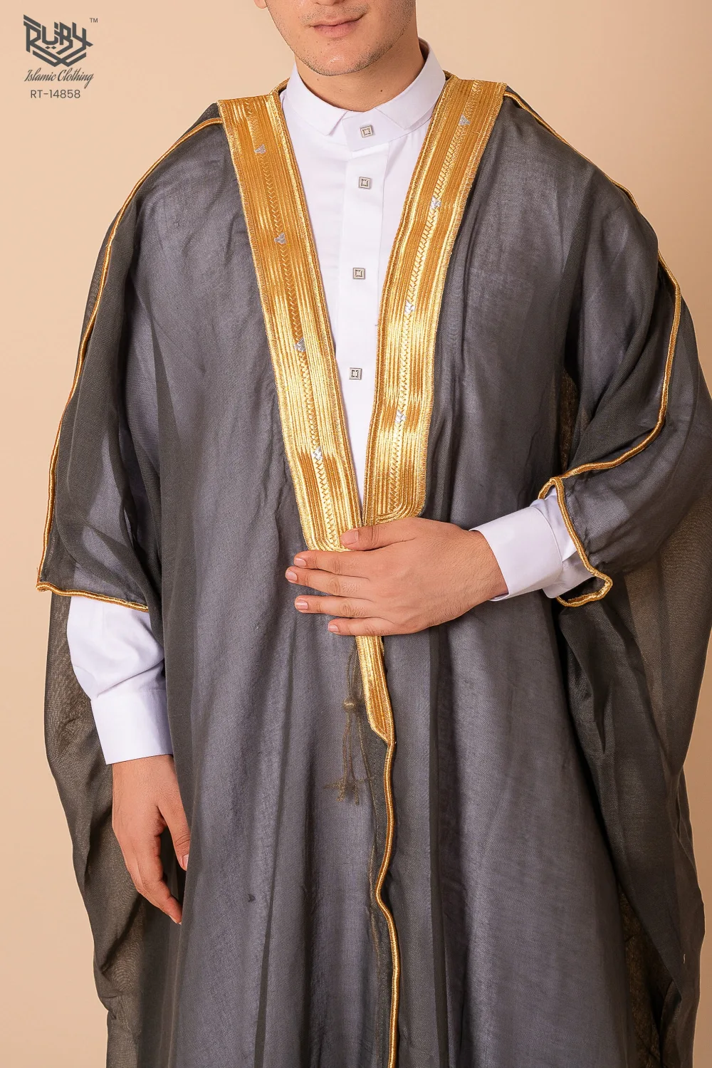 Luxury Dark Grey Arabic Bisht for Men with Gold Zari Edge Embroidery – Premium Lightweight Open-Front Cloak - Image 2 - Ruby Online