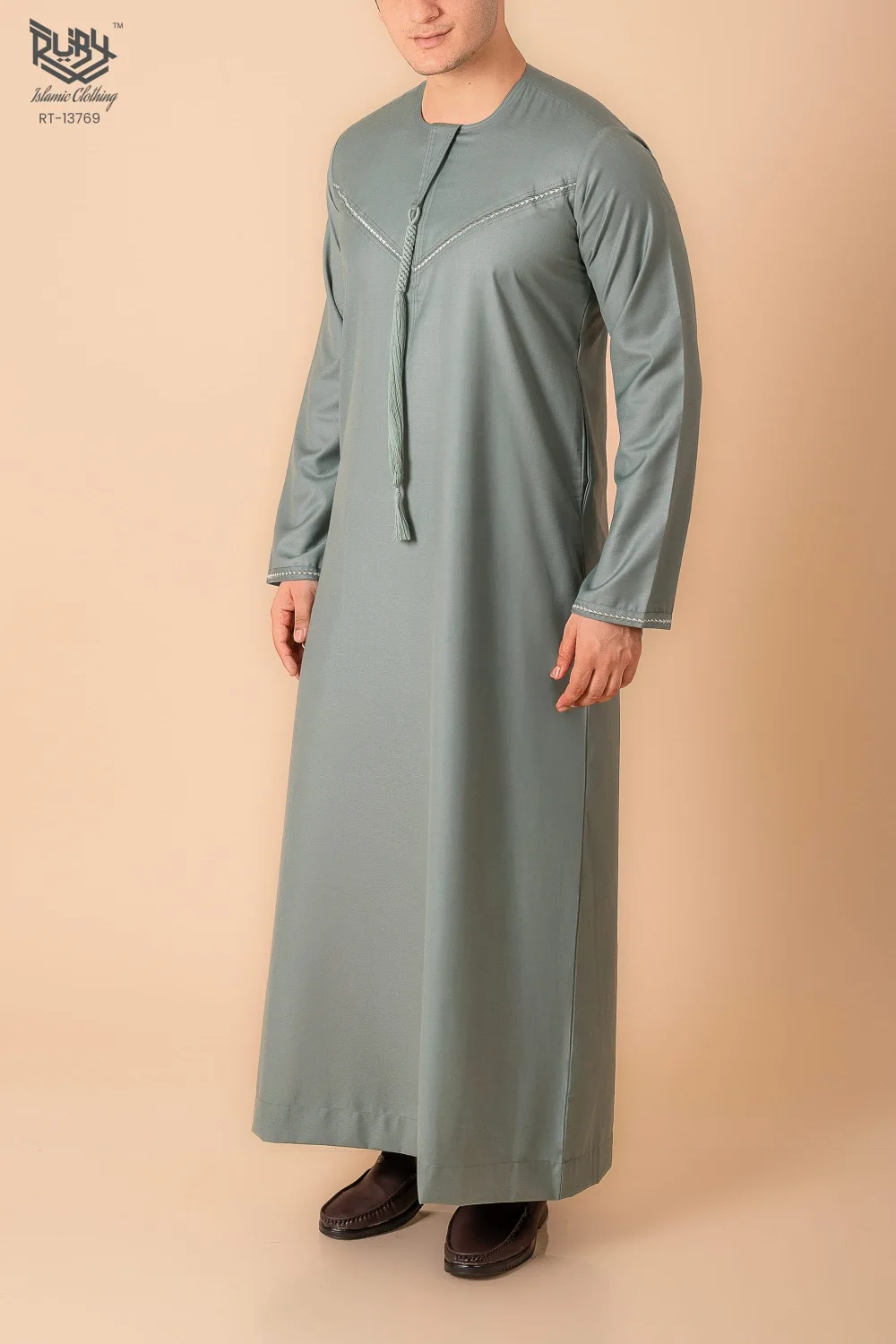 Premium Sage Green Emirati Tassel Thobe for Men with Silver Braided V-Panel – Modern Kandura Style - Image 3 - Ruby Online