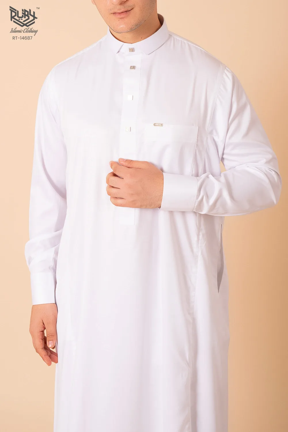 Premium Cream White Classic Thobe with Pleated Front Panel & Band Collar - Image 2 - Ruby Online