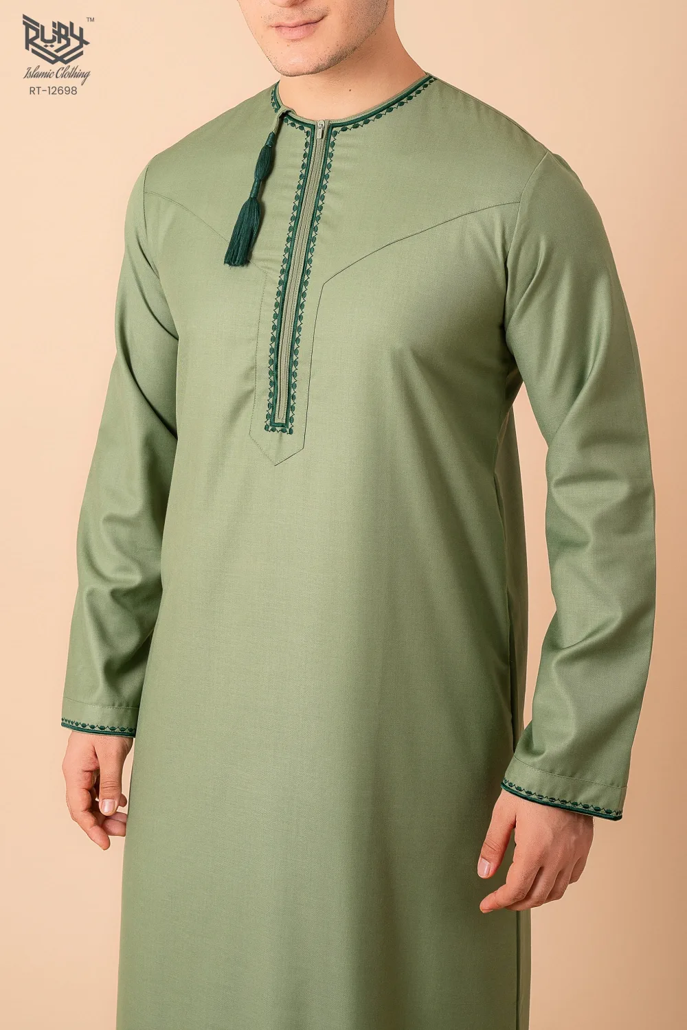 Light Olive Green Omani Thobe with Dark Green Geometric Embroidery & Tassel - Image 5 - Ruby Online