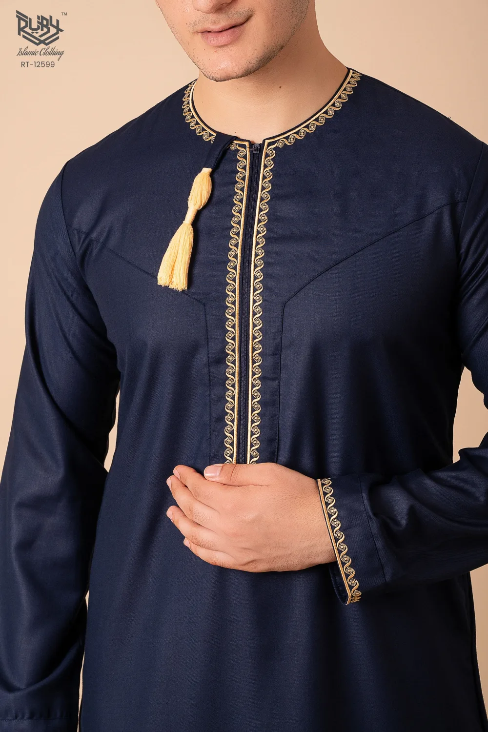 Navy Blue Omani Thobe with Gold Geometric Embroidery & Tassel - Image 5 - Ruby Online