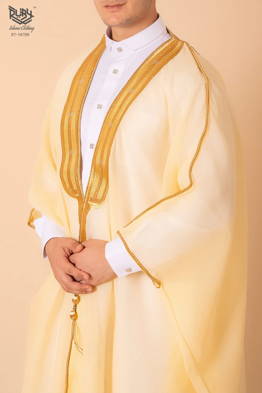 Luxury Cream Arabic Bisht for Men with Gold Zari Edge Embroidery – Premium Lightweight Open-Front Cloak - Image 2 - Ruby Online