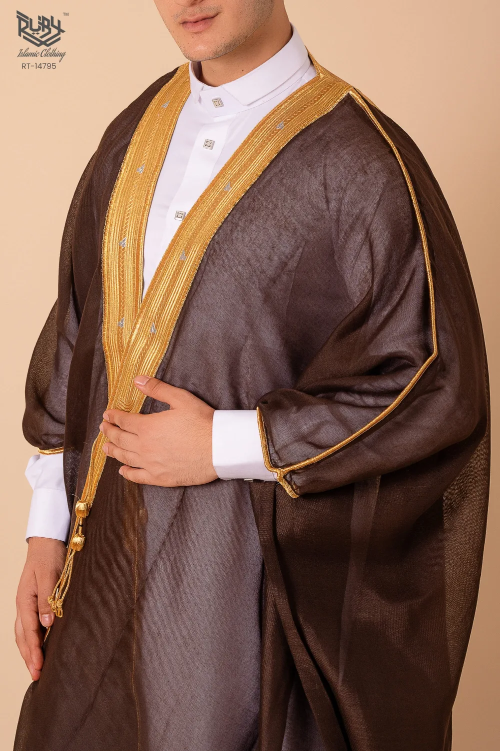 Regal Heritage Deep Brown Arabic Bisht for Men with Gold Zari Edge Embroidery – Premium Lightweight Open-Front Cloak - Image 3 - Ruby Online