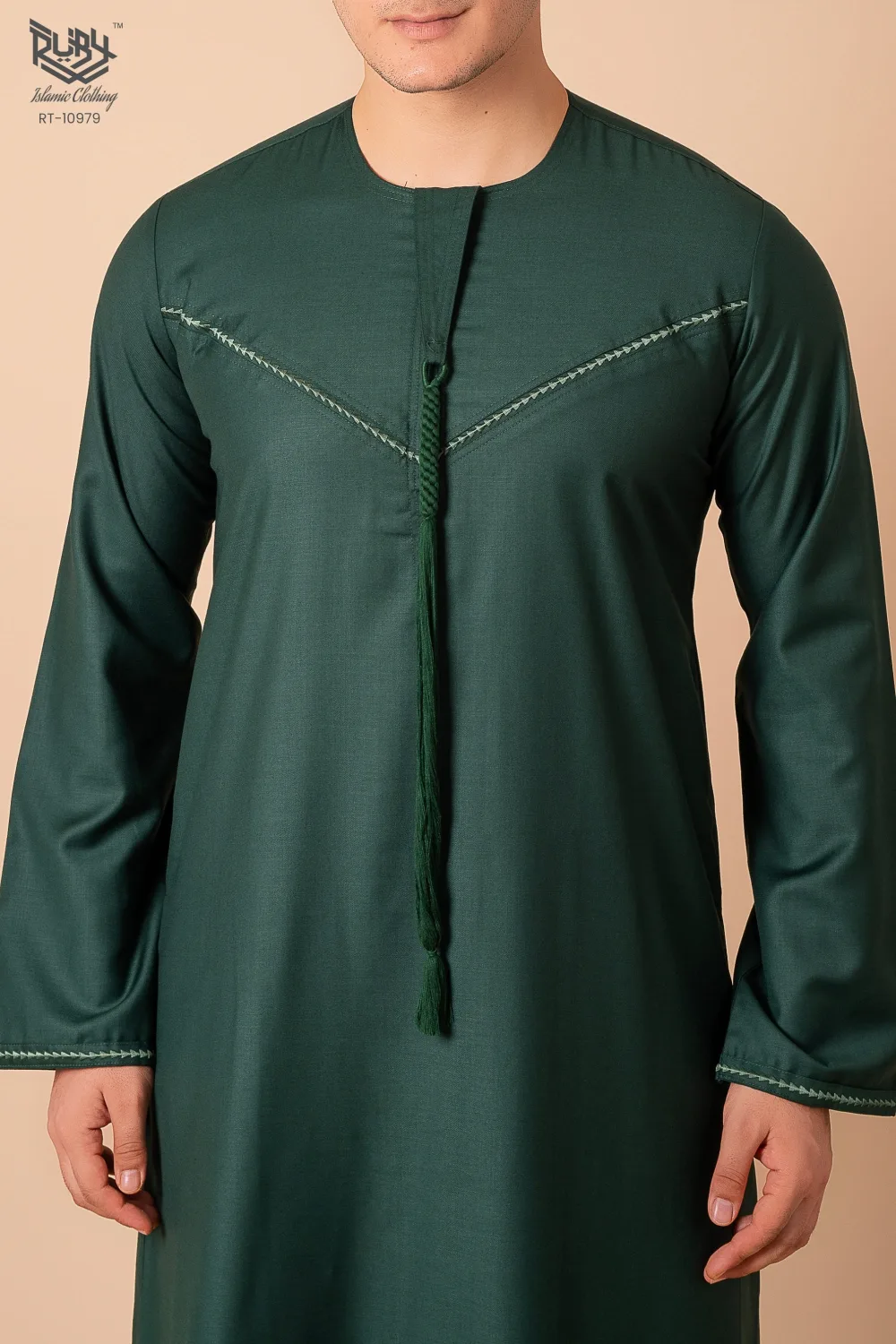 Premium Deep Emerald Green Emirati Tassel Thobe for Men – Light Sage Braided Front Kandura - Image 4 - Ruby Online