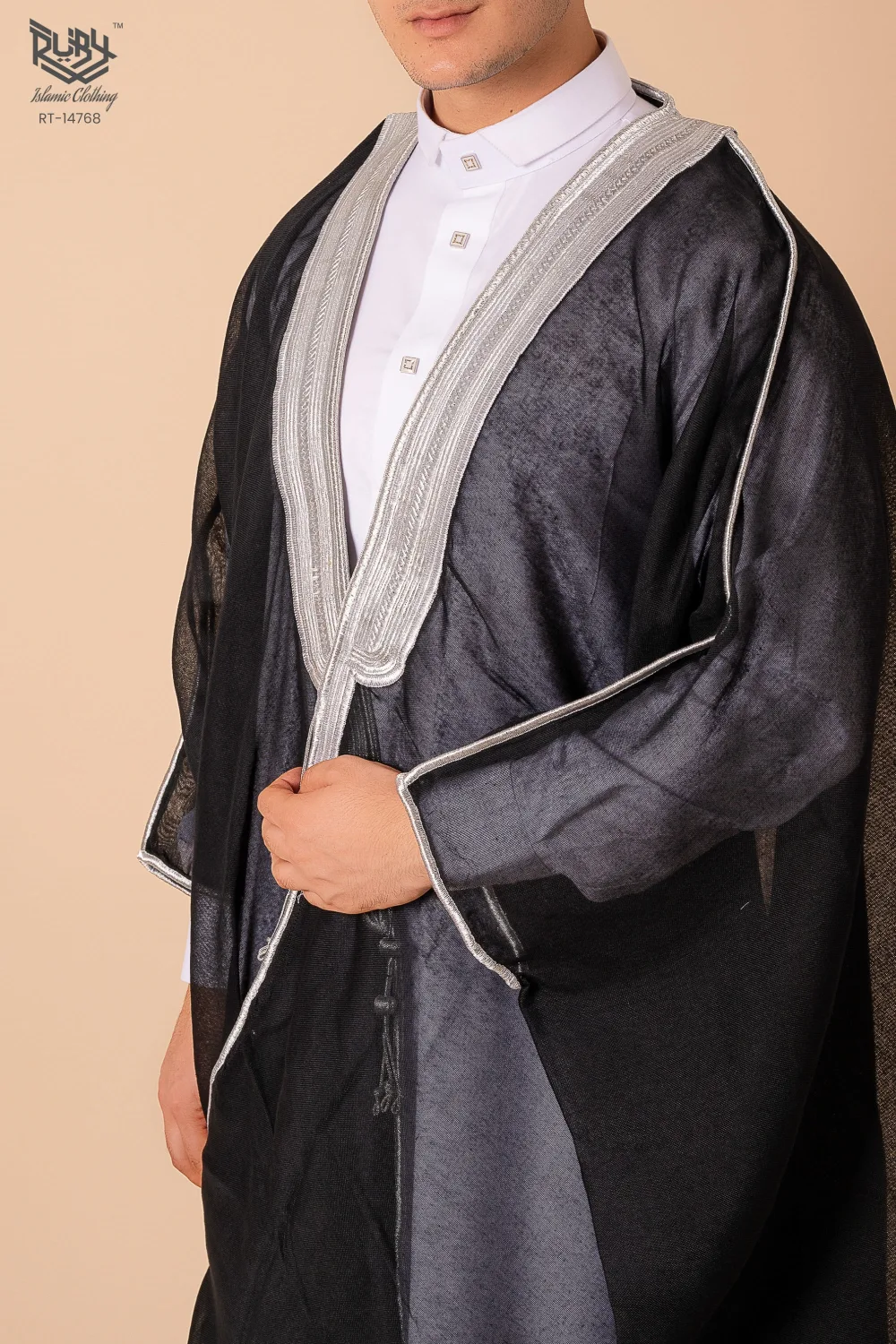 Royal Prestige Black Arabic Bisht for Men with Intricate Silver Zari Border – Premium Lightweight Open-Front Luxury Cloak - Image 2 - Ruby Online