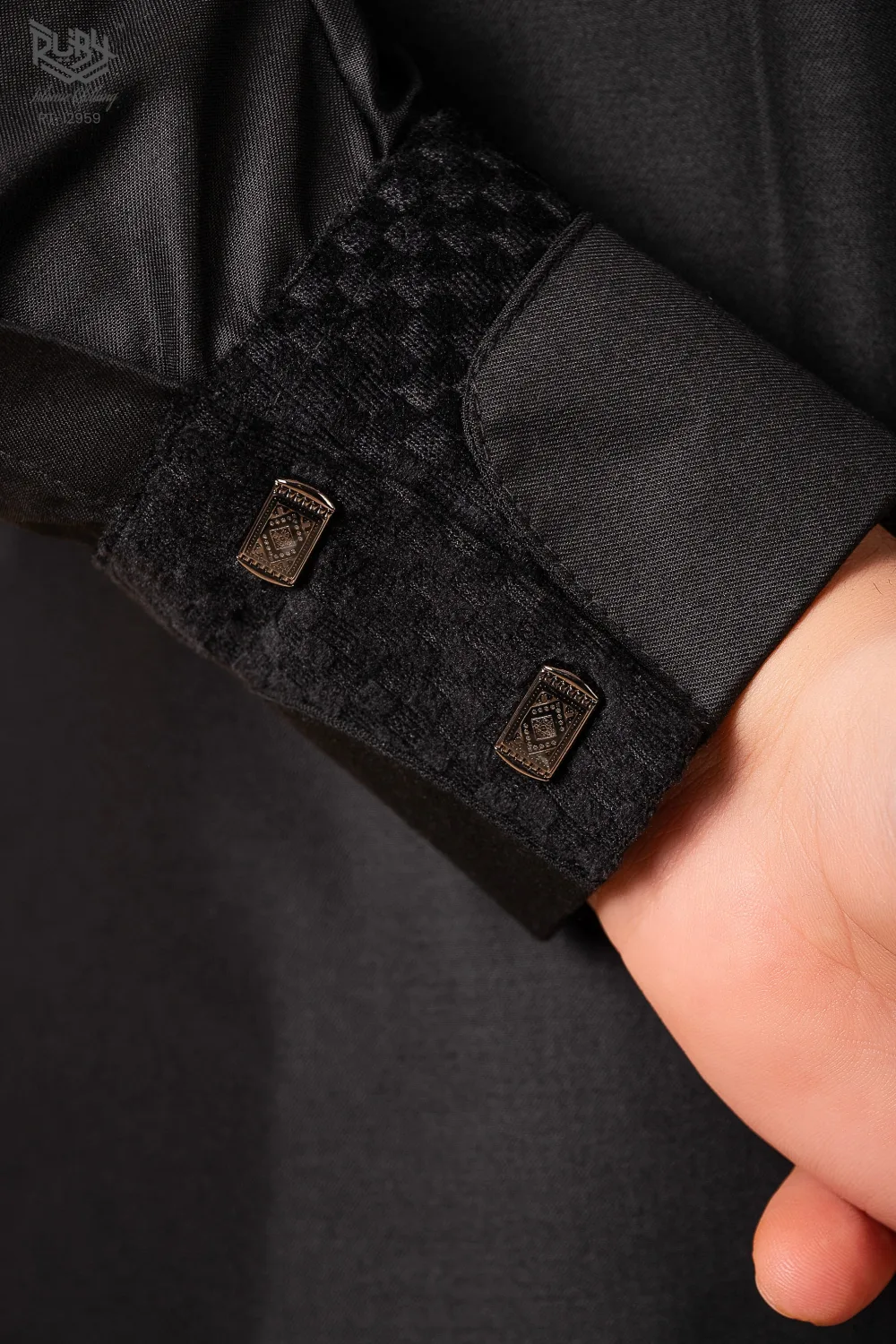 Premium Jet Black Designer Thobe for Men with Textured Trim Placket & Modern Band Collar - Image 5 - Ruby Online