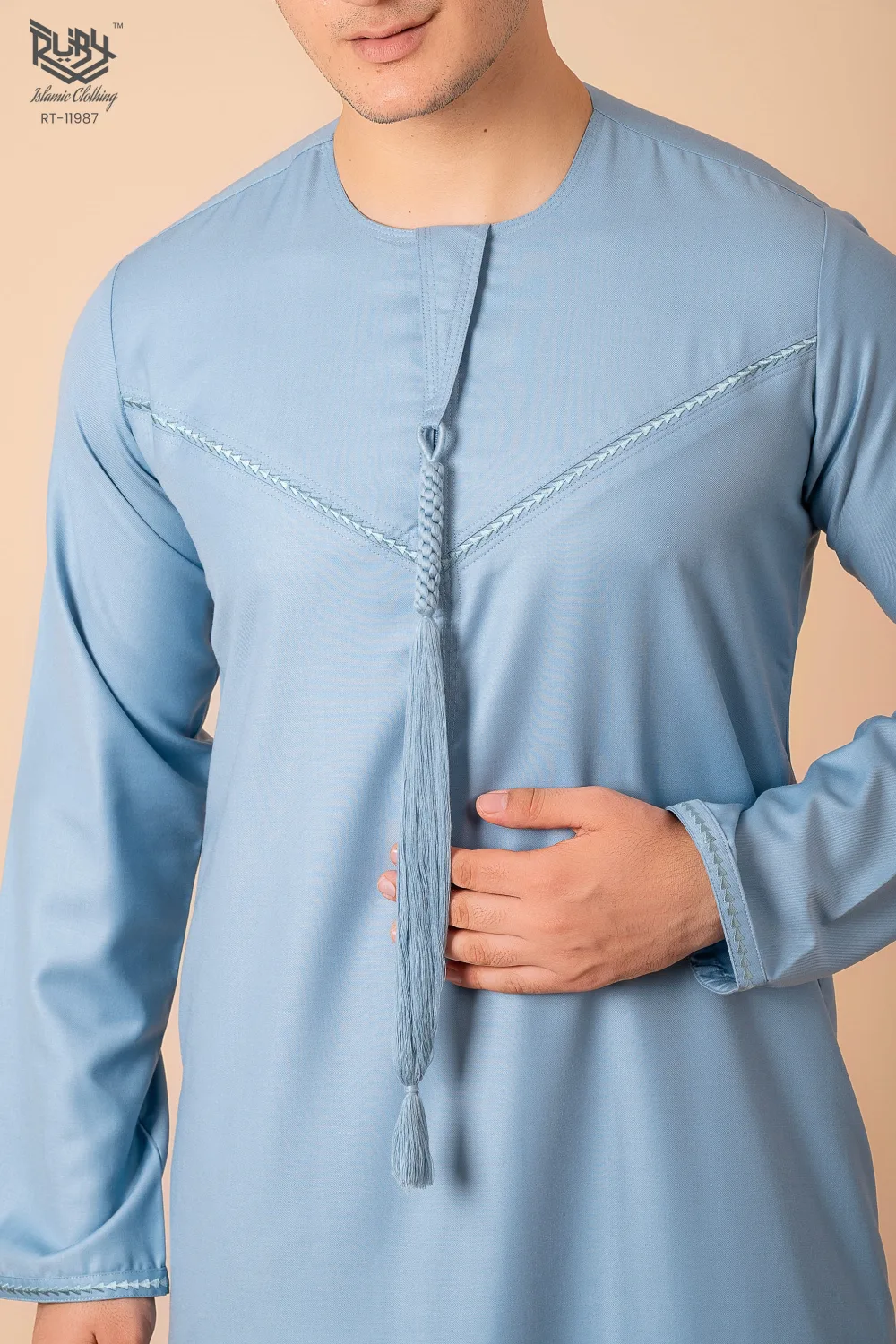 Premium Light Blue Emirati Tassel Thobe for Men – Elegant Braided Front Kandura Style - Image 4 - Ruby Online