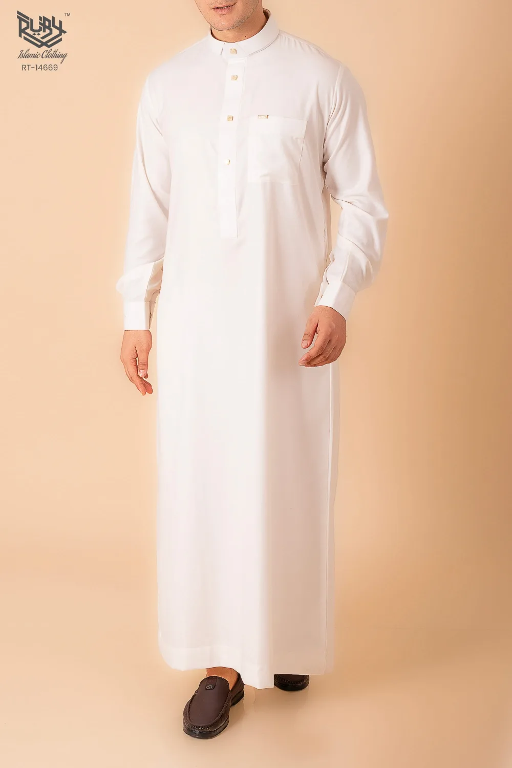 Premium Off-White Designer Thobe with Black Contrast Trim & Gold Accents - Image 2 - Ruby Online