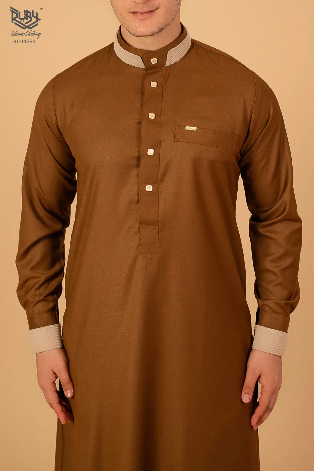 Copper Brown Contrast Collar Thobe – Modern Buttoned Men’s Islamic Wear - Image 5 - Ruby Online