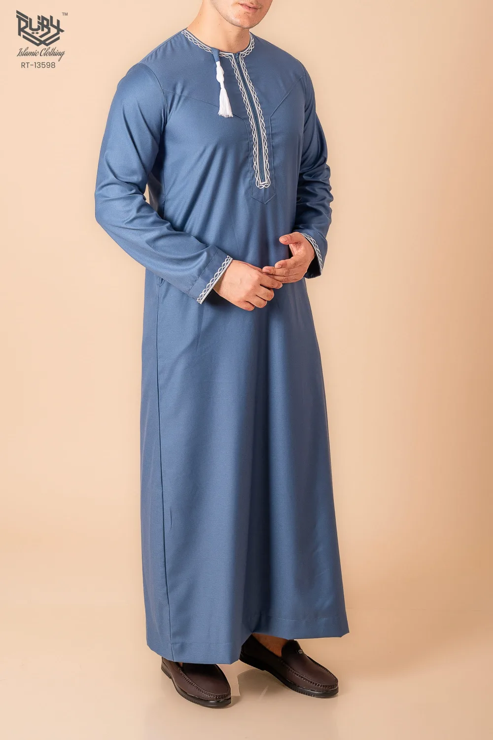 Steel Blue Omani Thobe with White Loop Embroidery & Tassel - Image 3 - Ruby Online