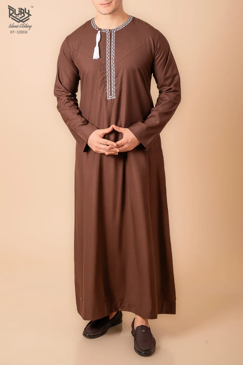 Coffee Brown Omani Thobe with White Geometric Embroidery & Tassel - Image 2 - Ruby Online