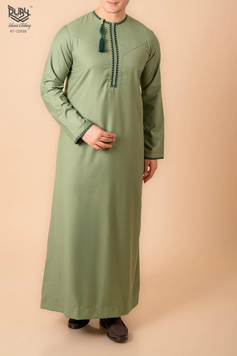 Light Olive Green Omani Thobe with Dark Green Geometric Embroidery & Tassel - Image 2 - Ruby Online