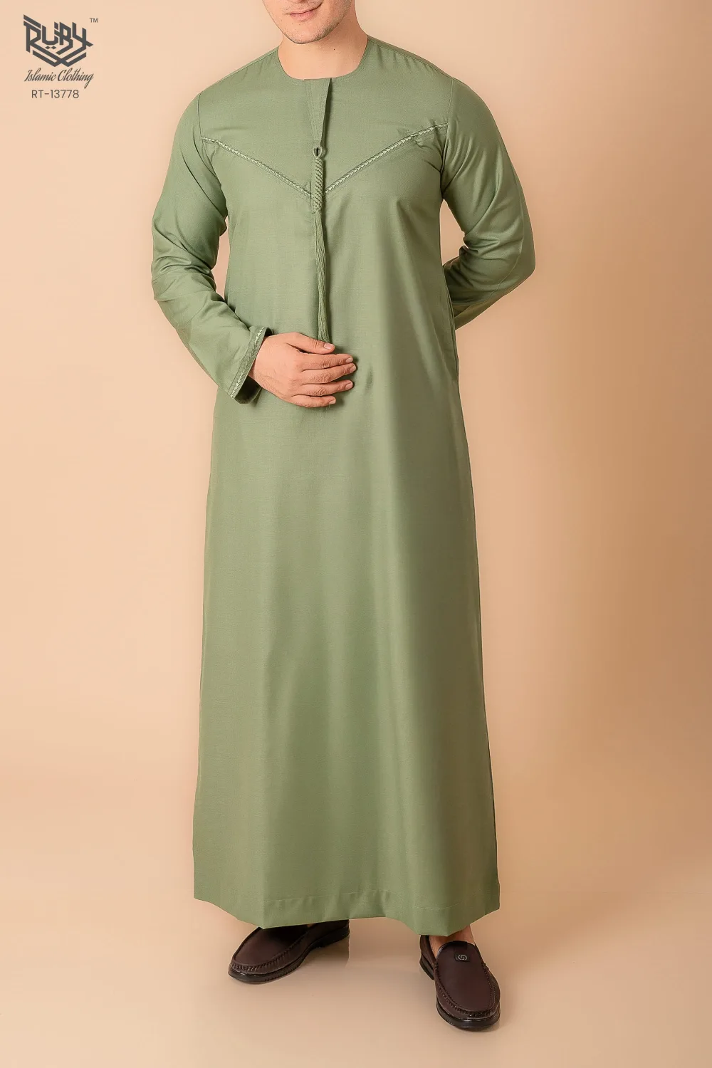 Premium Sage Green Emirati Tassel Thobe for Men – Light Grey Braided Front Kandura Design - Image 2 - Ruby Online
