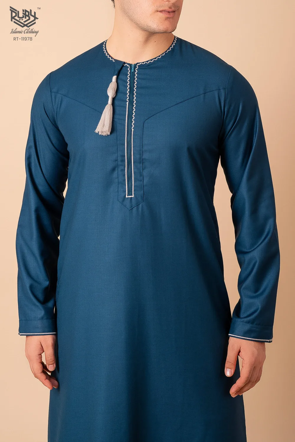 Teal Blue Omani Thobe with White Geometric Embroidery & Tassel - Image 4 - Ruby Online