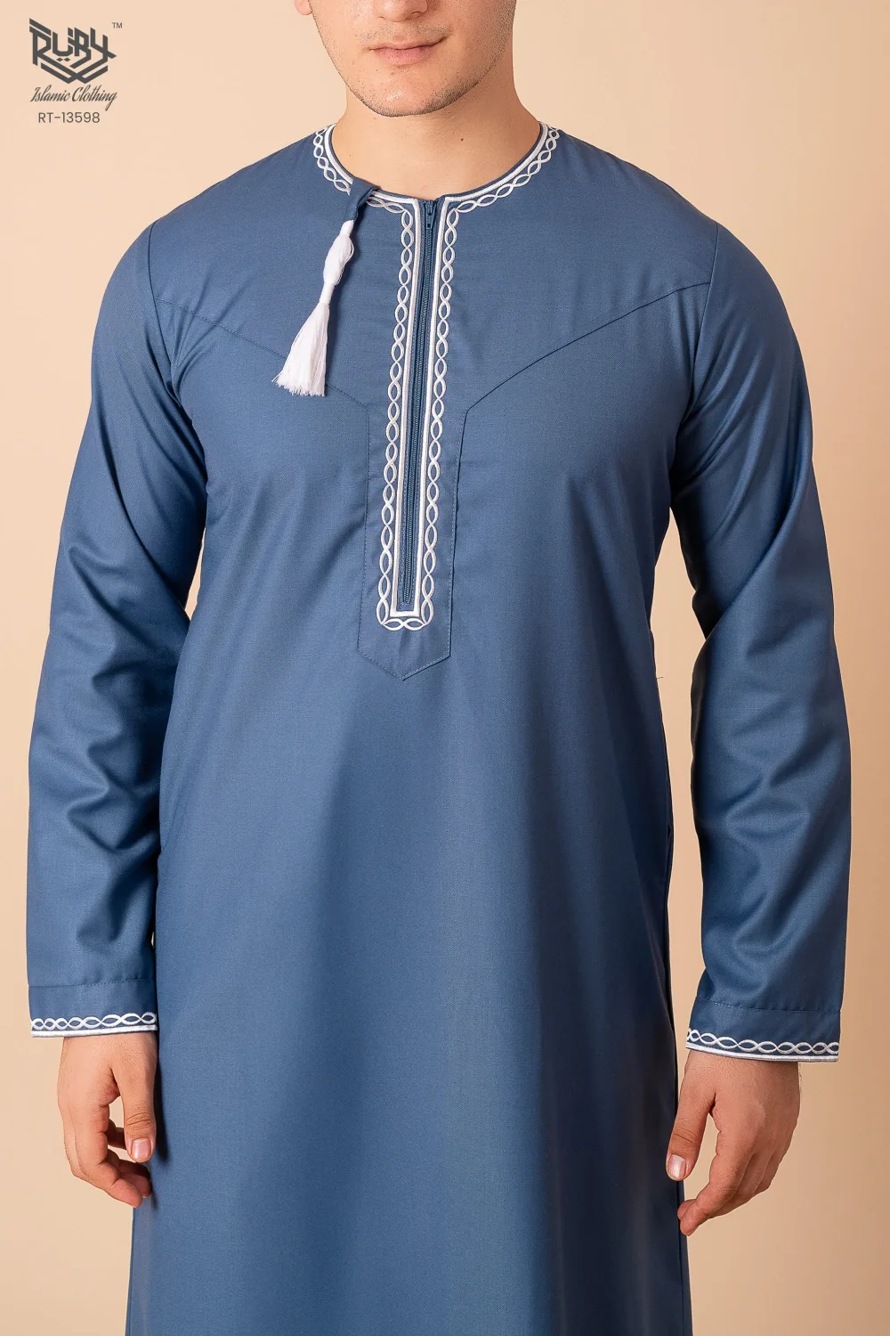 Steel Blue Omani Thobe with White Loop Embroidery & Tassel - Image 4 - Ruby Online