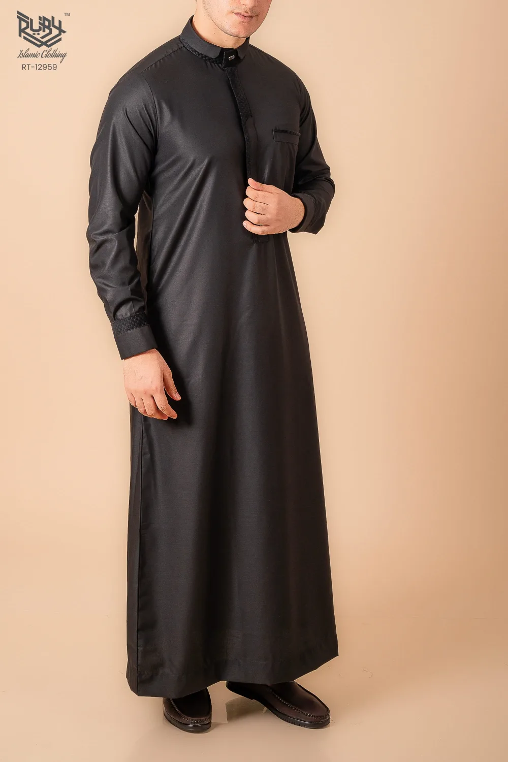 Premium Jet Black Designer Thobe for Men with Textured Trim Placket & Modern Band Collar - Image 3 - Ruby Online