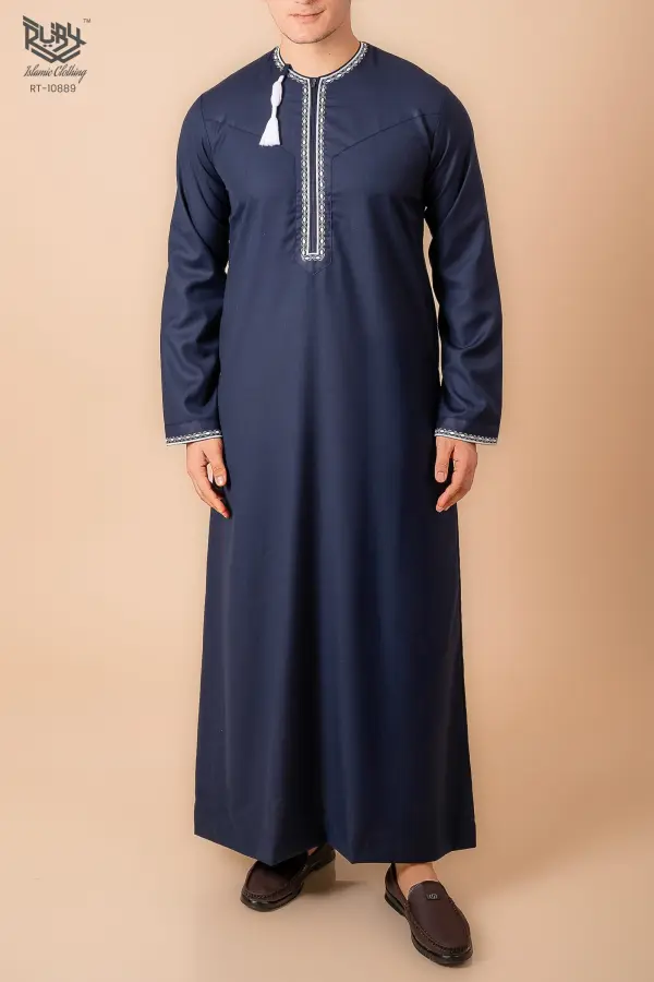 Navy Blue Omani Thobe with silver grey Geometric Embroidery & Tassel - Image 2 - Ruby Online