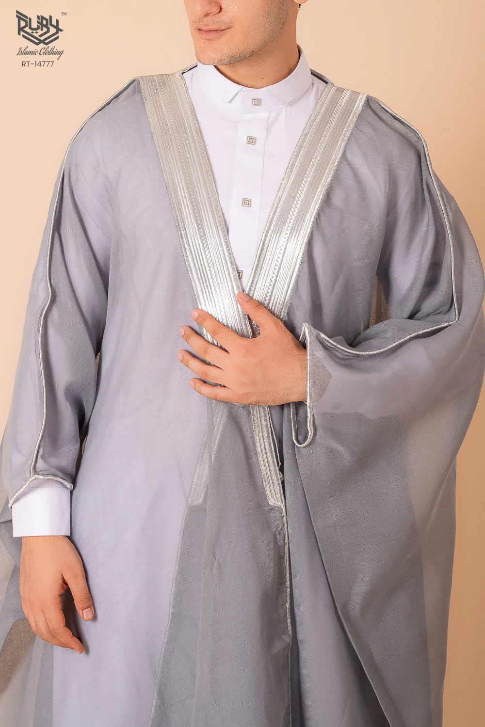 Elegant Grey Arabic Bisht for Men with Silver Zari Edge Embroidery – Premium Lightweight Open-Front Cloak - Image 3 - Ruby Online