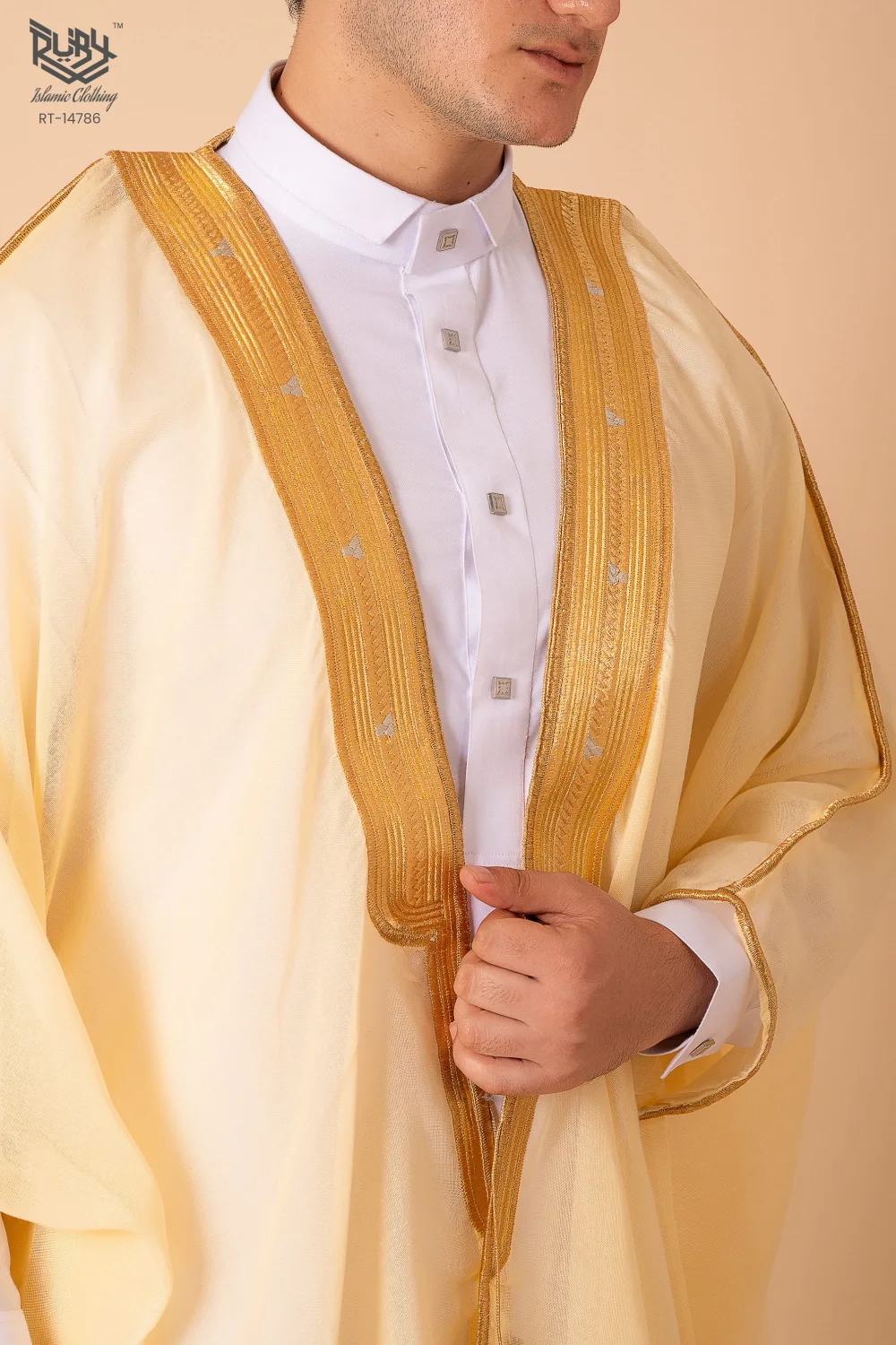 Luxury Cream Arabic Bisht for Men with Gold Zari Edge Embroidery – Premium Lightweight Open-Front Cloak - Image 5 - Ruby Online