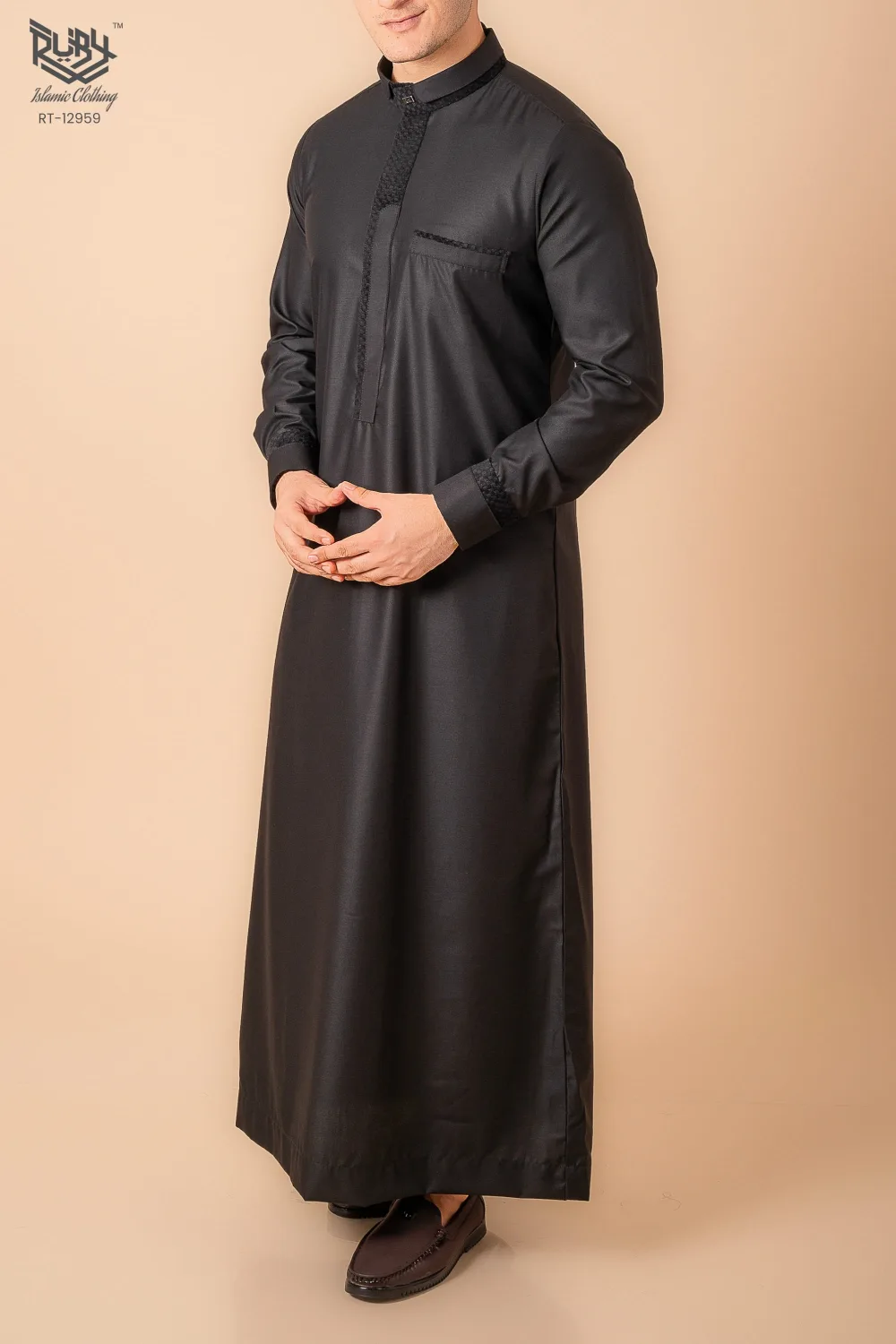 Premium Jet Black Designer Thobe for Men with Textured Trim Placket & Modern Band Collar - Image 2 - Ruby Online