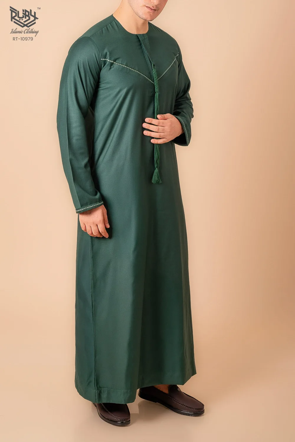Premium Deep Emerald Green Emirati Tassel Thobe for Men – Light Sage Braided Front Kandura - Image 3 - Ruby Online