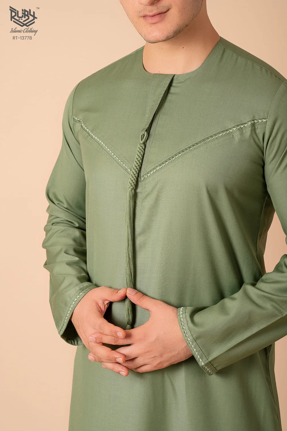 Premium Sage Green Emirati Tassel Thobe for Men – Light Grey Braided Front Kandura Design - Image 5 - Ruby Online