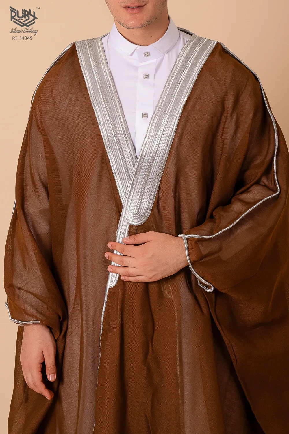 Luxury Brown Arabic Bisht for Men with Silver Zari Edge Embroidery – Premium Lightweight Open-Front Cloak