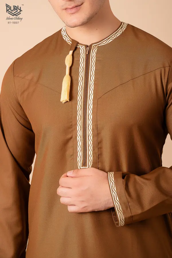 Coffee Brown Omani Thobe with Beige Geometric Embroidery & Tassel - Image 5 - Ruby Online