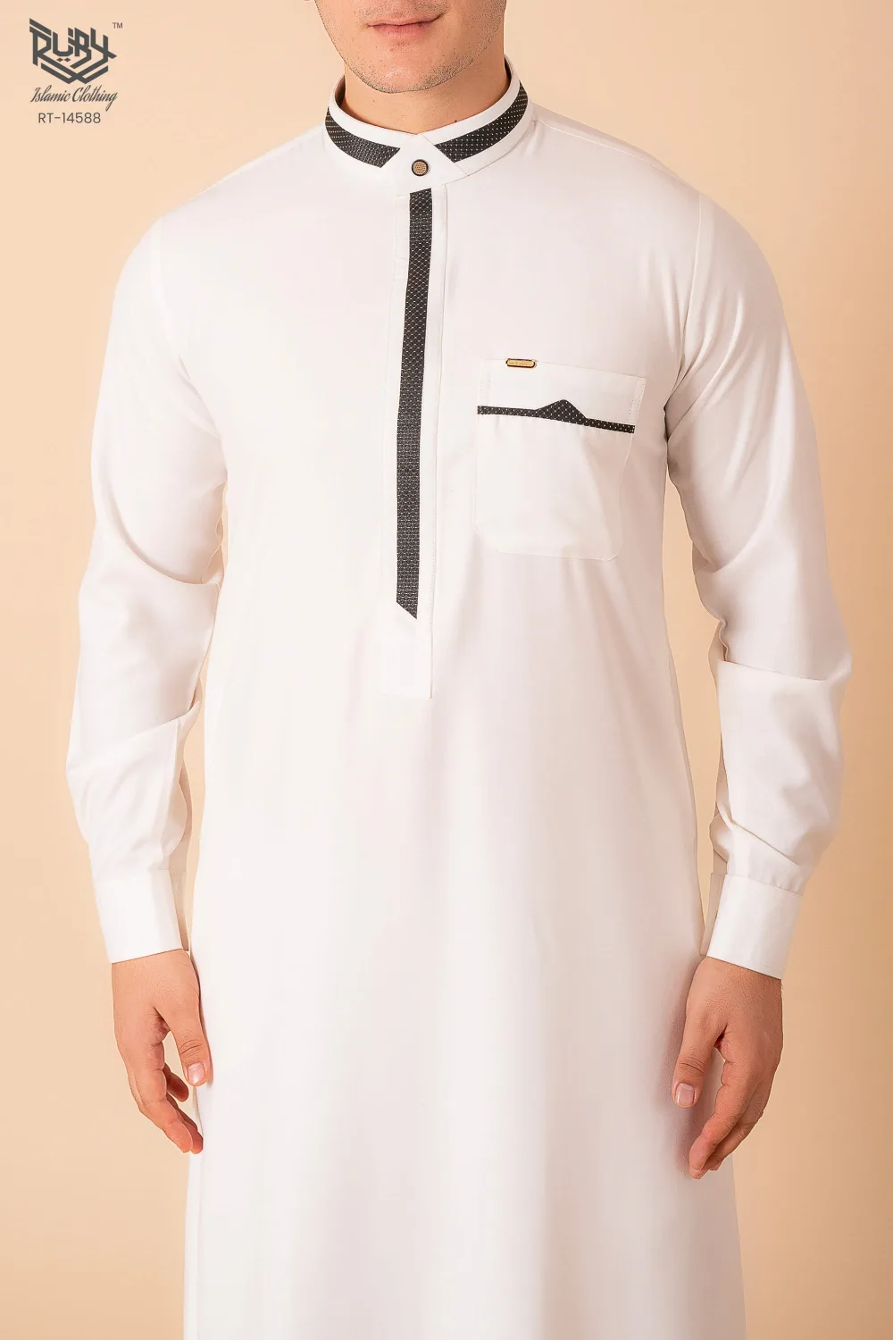 Luxury White Designer Thobe with Black Contrast Trim & Gold Detail - Image 3 - Ruby Online